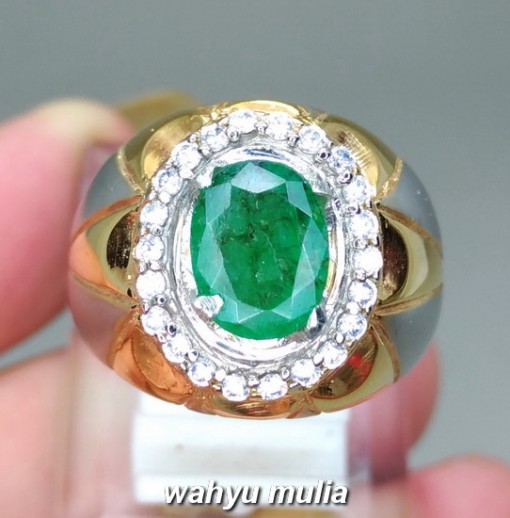 gambar Cincin Batu Zamrud Emerald Beryl Oval asli bersertifikat natural kolombia rusia zambia kalimantan hijau tua_6