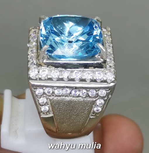 Batu Cincin Topaz Blue Swiss Octagon Ring Perak pria cowok asli