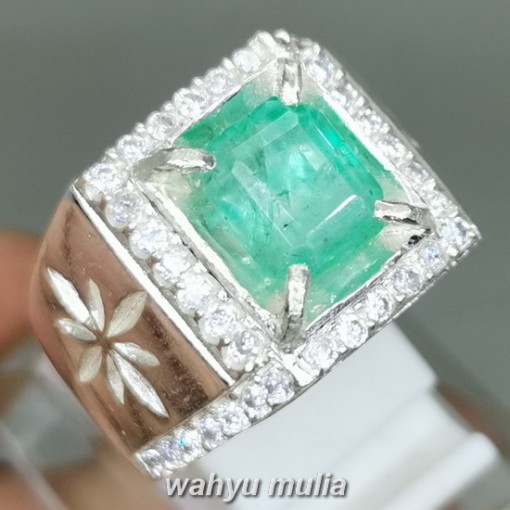 Natural Emerald Beryl Colombia Bersertifikat Ring Perak hijau tua