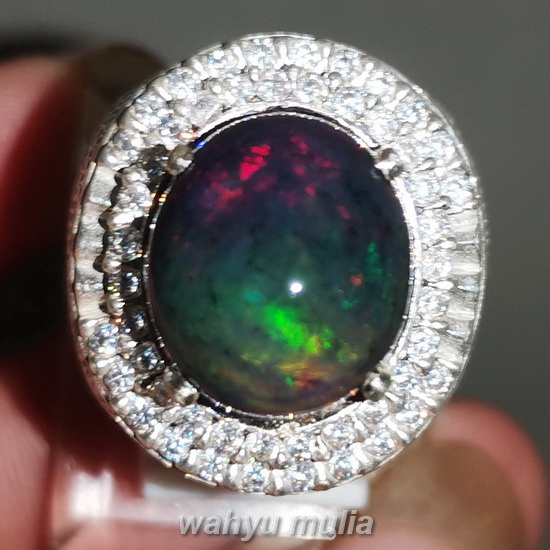  Batu  Akik Black  Opal  Kalimaya Kembang Jarong Ring Perak 