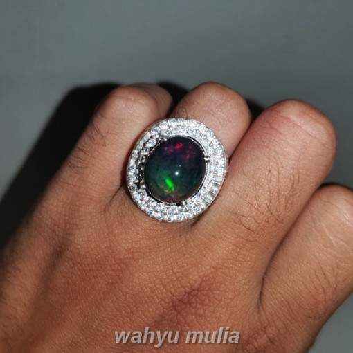 Batu Akik Black Opal Kalimaya Kembang Jarong Ring Perak Asli cewek cowok