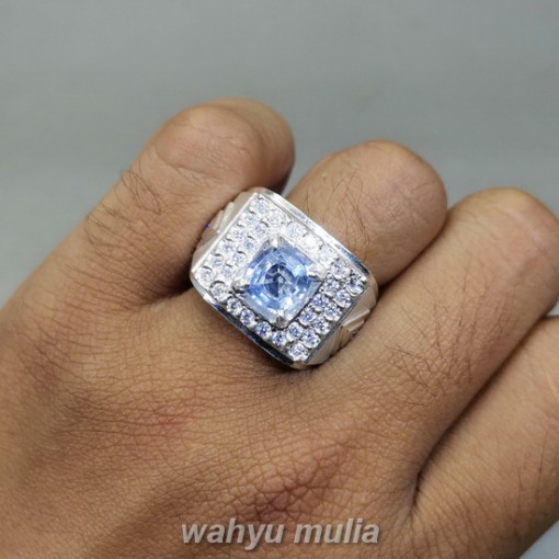 Batu Blue Safir Ceylon Srilangka Ring Perak Asli model cincin pria wanita