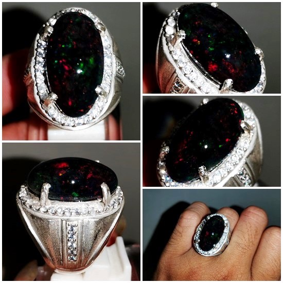  Batu  Cincin Kalimaya Black  Opal  Jarong Besar Ring Perak 