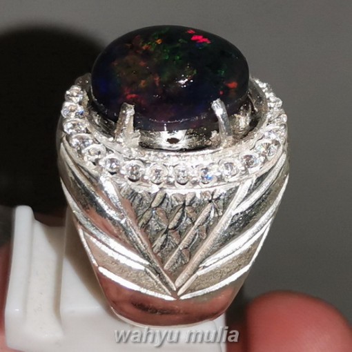 Cincin Batu Black Opal Kalimaya Ring Perak Asli berkualitas bagus