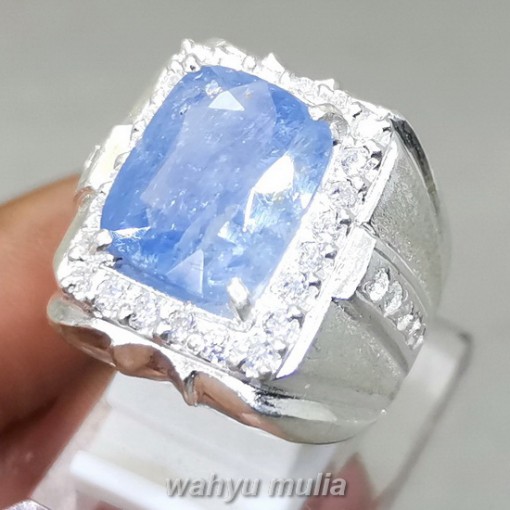 Cincin Batu Blue Safir Kotak Srilangka Ring Perak Asli kristal bagus