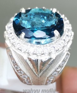 Batu Blue Topaz London Bersertifikat Ring Perak cincin pria wanita