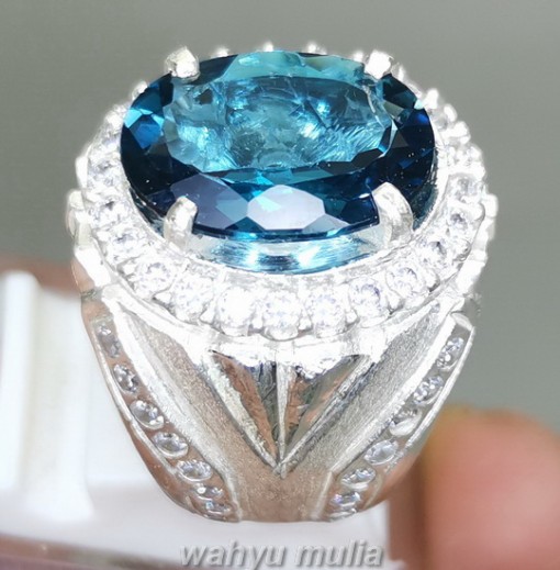 Batu Blue Topaz London Bersertifikat Ring Perak cincin pria wanita