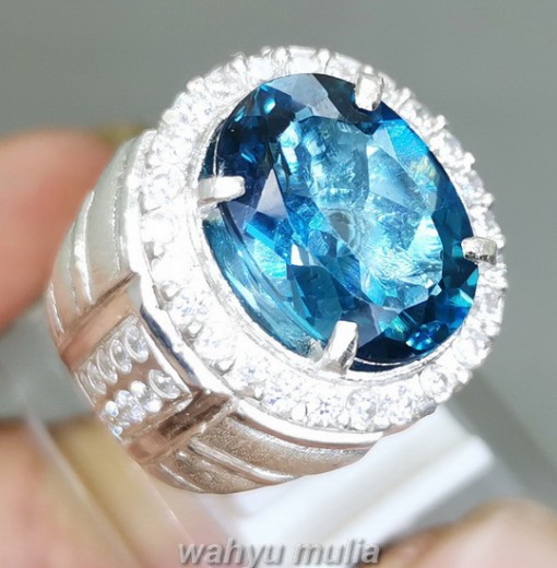 Batu Cincin London Blue Topaz Asli Bersertifikat Ring Perak pria wanita