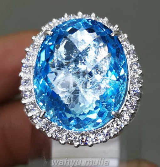 Cincin Batu Blue Topaz Asli Ring Perak bagus bersertifikat